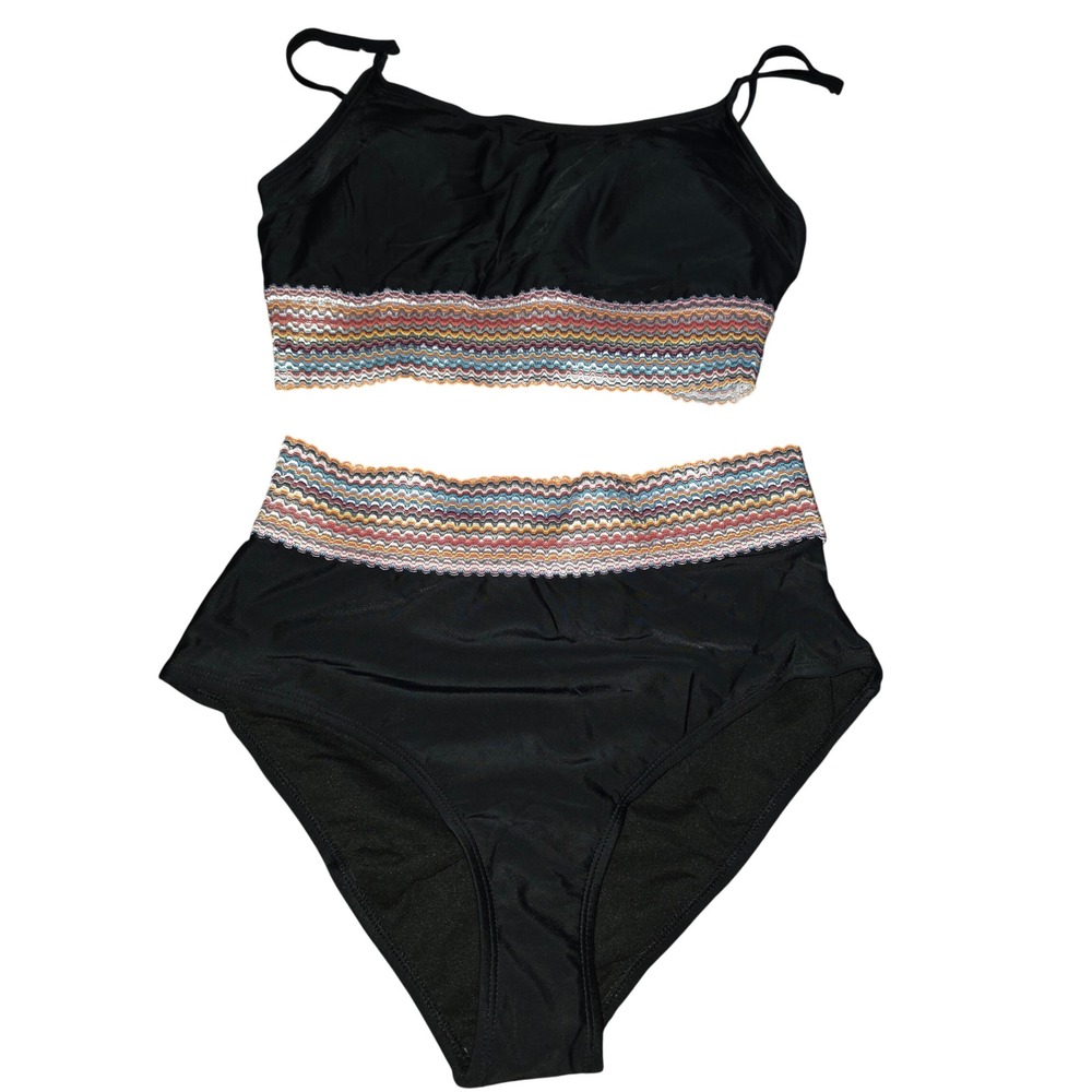 Womens Black High Waisted Bikini Set Multicolor Chevron Trim Size M